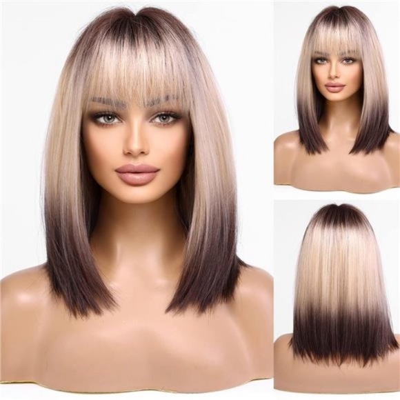 HOT BLONDE Wig with Bangs Long Straight Layered ombre brown to